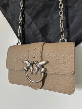 PINKO Women's Taupe Leather Crossbody Bag with Silver Bird Ring Accent